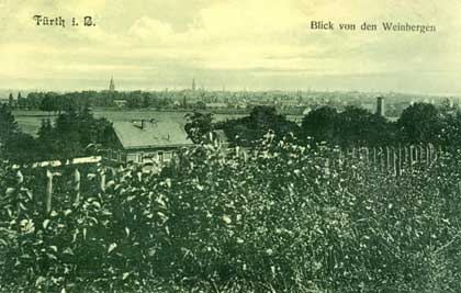 alte Postkarte mit Blick von den ehemaligen Fürther Weinbergen - jetzt Krankenhaus und anschließende Siedlungen